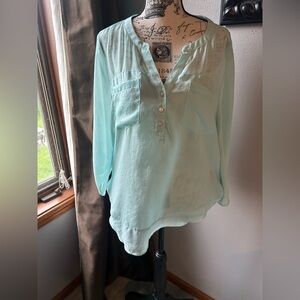 Express Green and Blue Cuffed Sleeve Blouse with Mandarin Collar